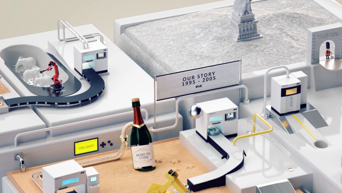 Commercial showing a 3D printing facility.