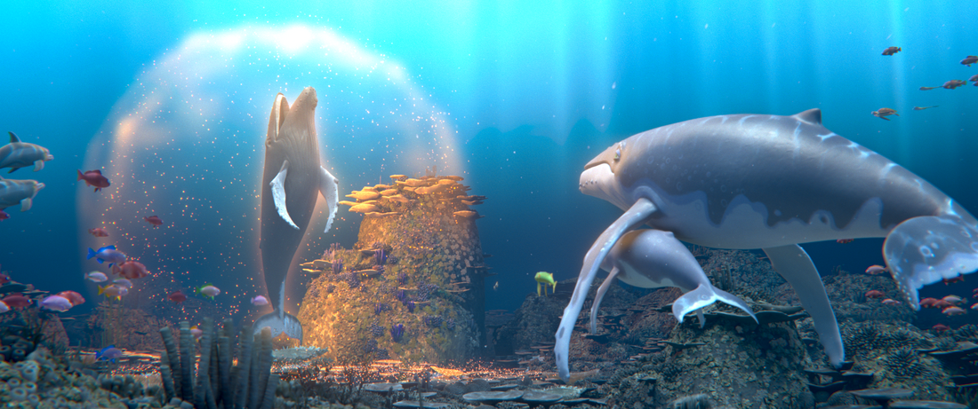 Marine animals in the ocean watching a humpback whale singing. The water around him gets golden.