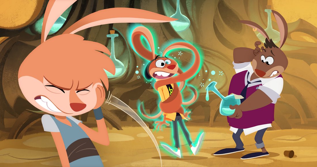 Magical mishap causes chaos among three animated bunny characters.