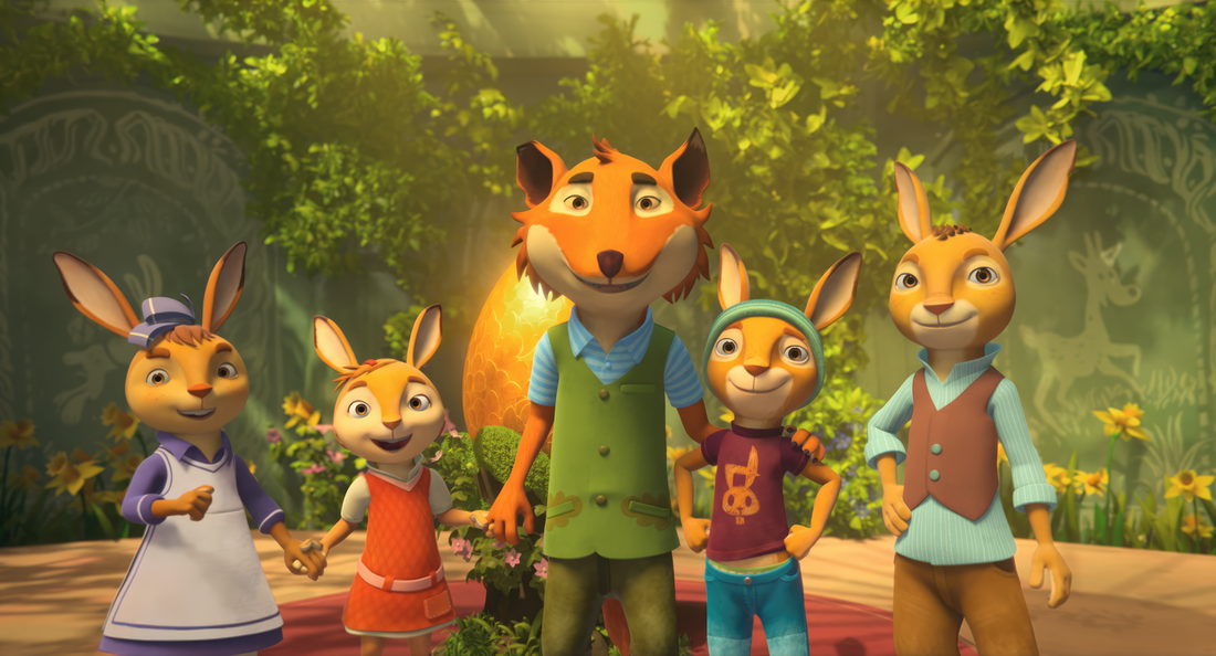 4 young rabbits and a fox pose in front of a golden egg