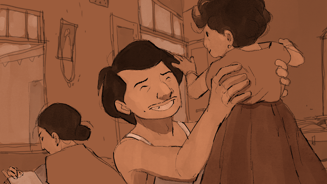 Heirloom - Still - A father joyfully holding up his young daugther wearing a dress while the mother is concentrating on a book in the background.