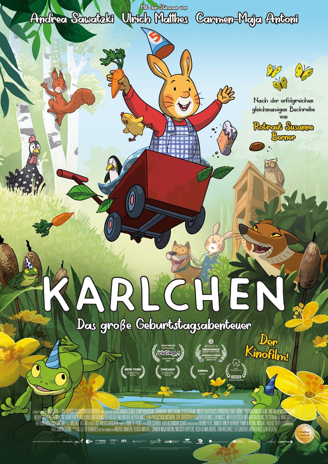Karlchen - Still - An animated rabbit celebrating his 5th birthday driving through a forest with his animal friends in a handcart.