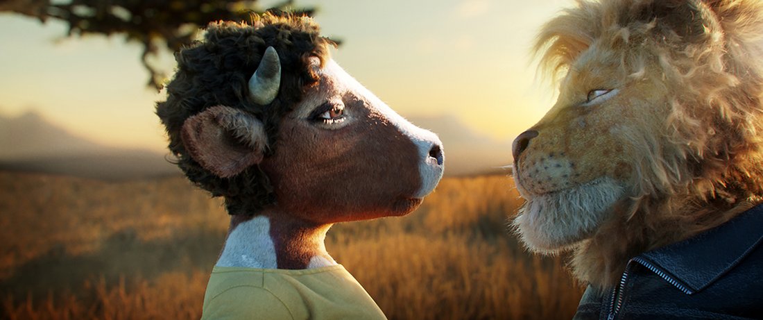 A lion and a cow in a romantic encounter.