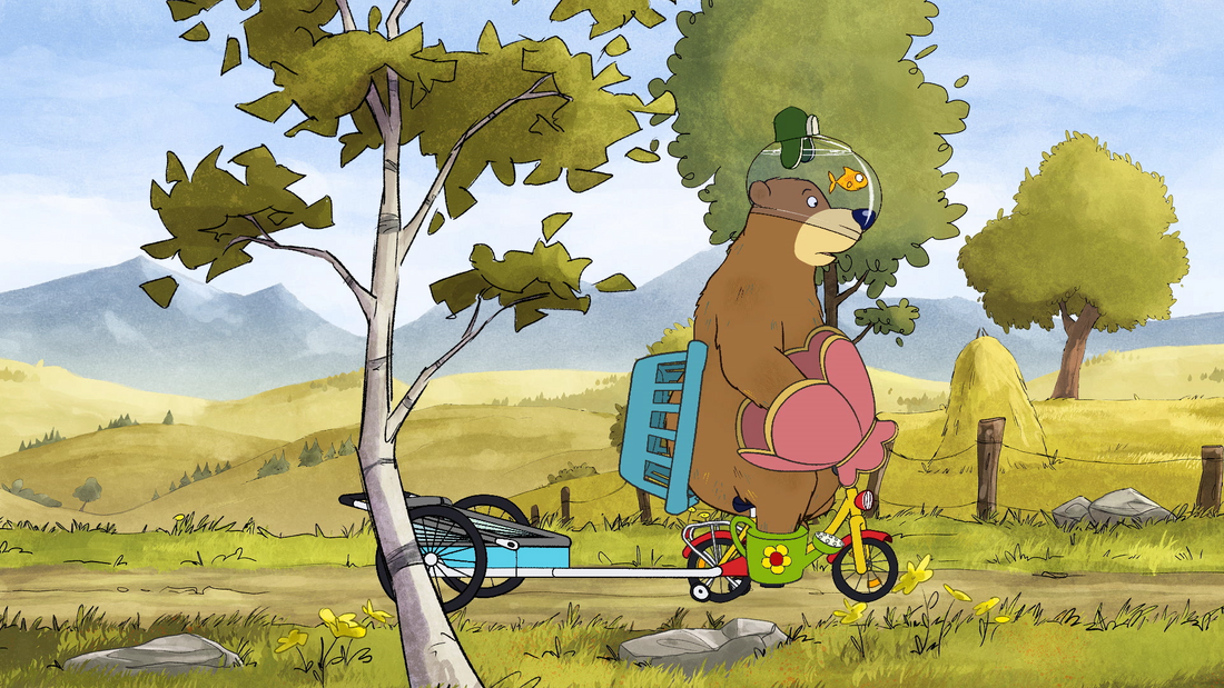 Dr. Brumm - Still - A peculiar brown bear riding a tiny bicycle through a landscape with a fish bowl on his head.