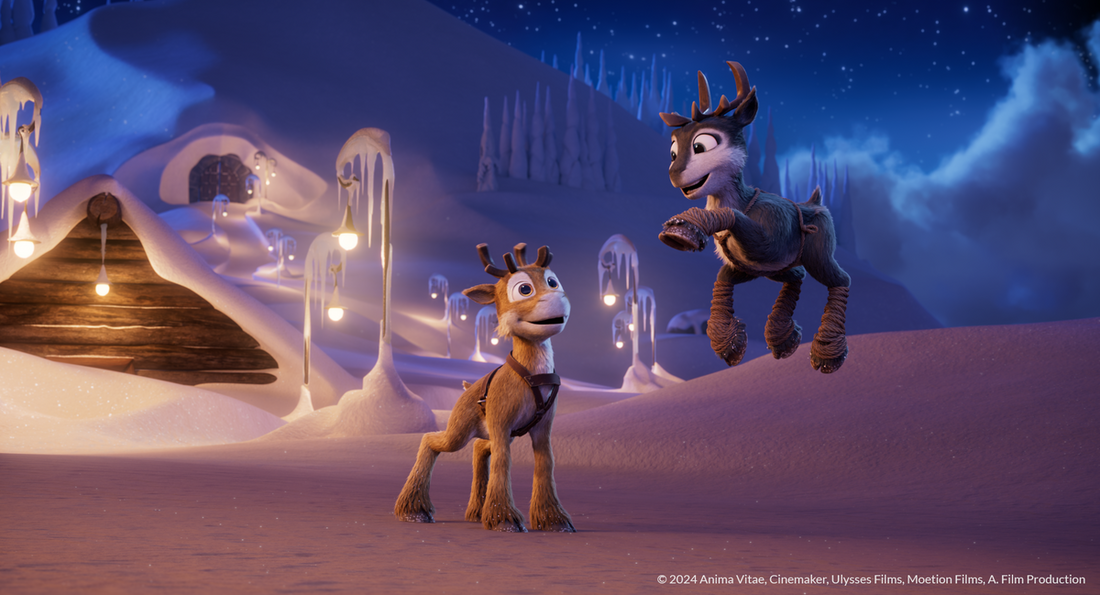 Niko Still - Two reindeers in front of a snowy village, one of them is floating in the air.