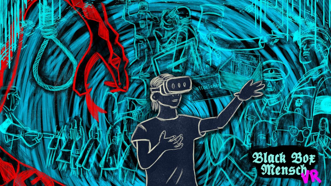 Person with VR headset surrounded by facism in bright colors.