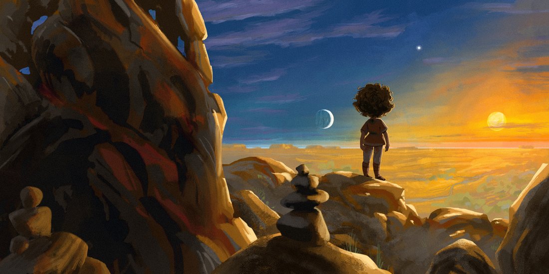 A girl gazes toward a horizon lit by sunset and moonrise.