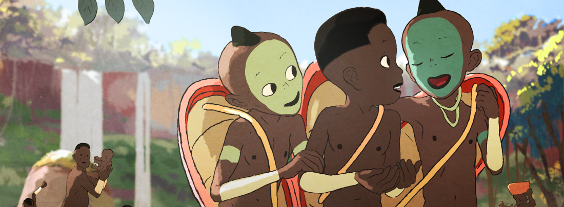 Sidi Kaba - Still - Three animated boys in Africa with body paint on walking away from a rural village.