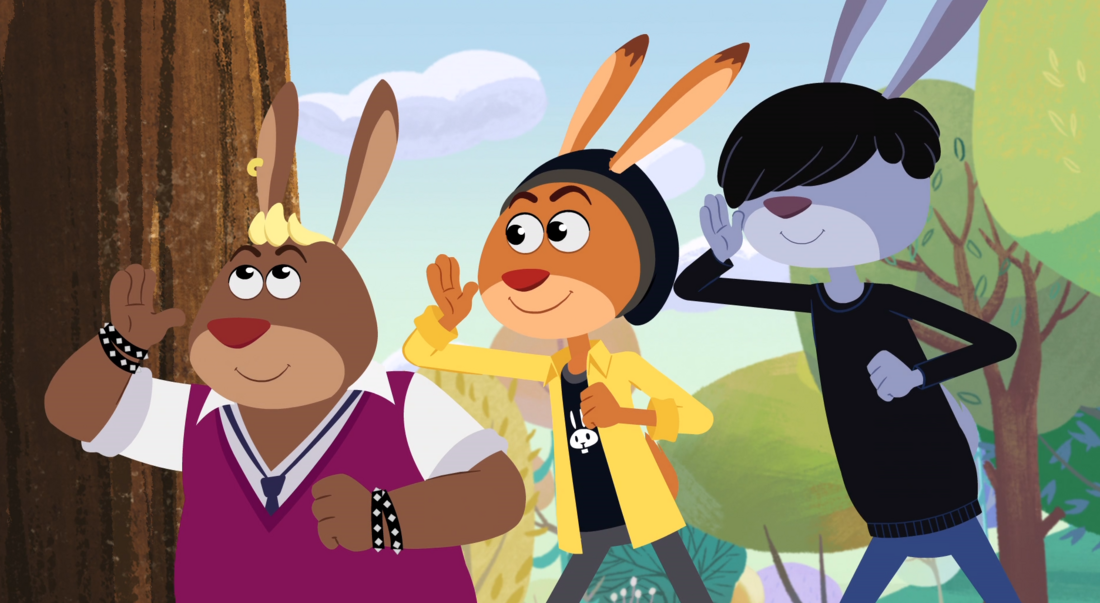 Rabbit Academy Series - Still - Three young rabbit friends in college clothing prick up their ears listening to something.