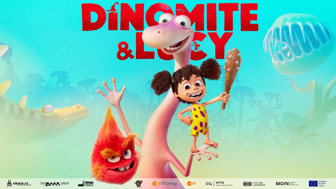 Dinomite and Lucy - Still - An animated hairless dinosaur holding a young club-wielding cave girl on his hands.