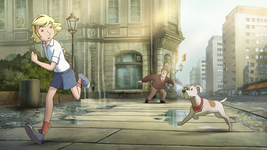 Fritzi is in the centre of Leipzig with her dog Sputnik, fleeing from the Stasi (the secret police)