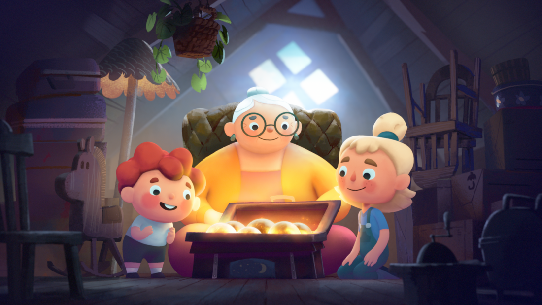 Sitting in the attic of their house, a boy, a girl and their grandma are looking at glowing golden balls in a chest.