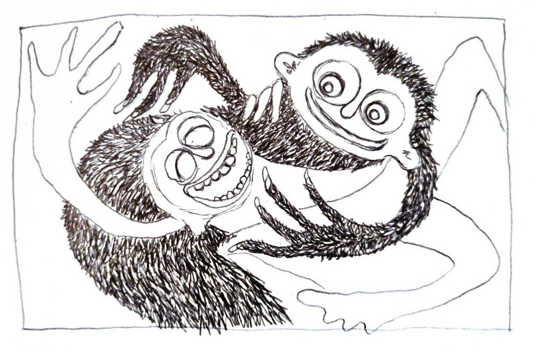 Sketch for KITZEL: Two hairy figures tickling each other, laughing.