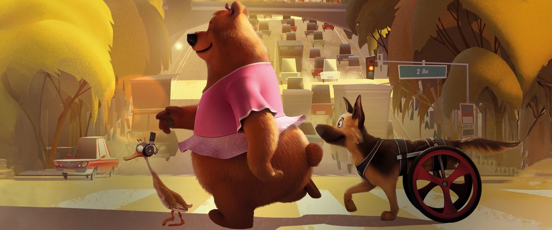 Protagonists run across the street from right to left. A duck, a bear and a dog in a wheelchair.