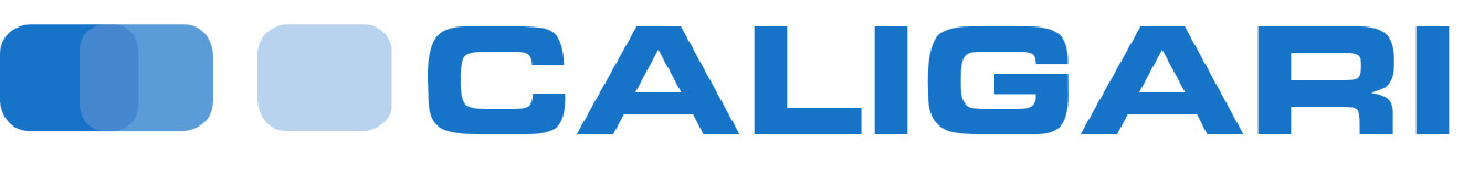Three blue overlapping rounded squares in front of the lettering CALIGARI in capital letters.