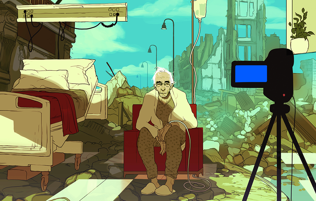 Adam - Still - An old guy sitting in a hospital sofachair, being filmed by a camera in front of the backdrop of the ruins of a city.