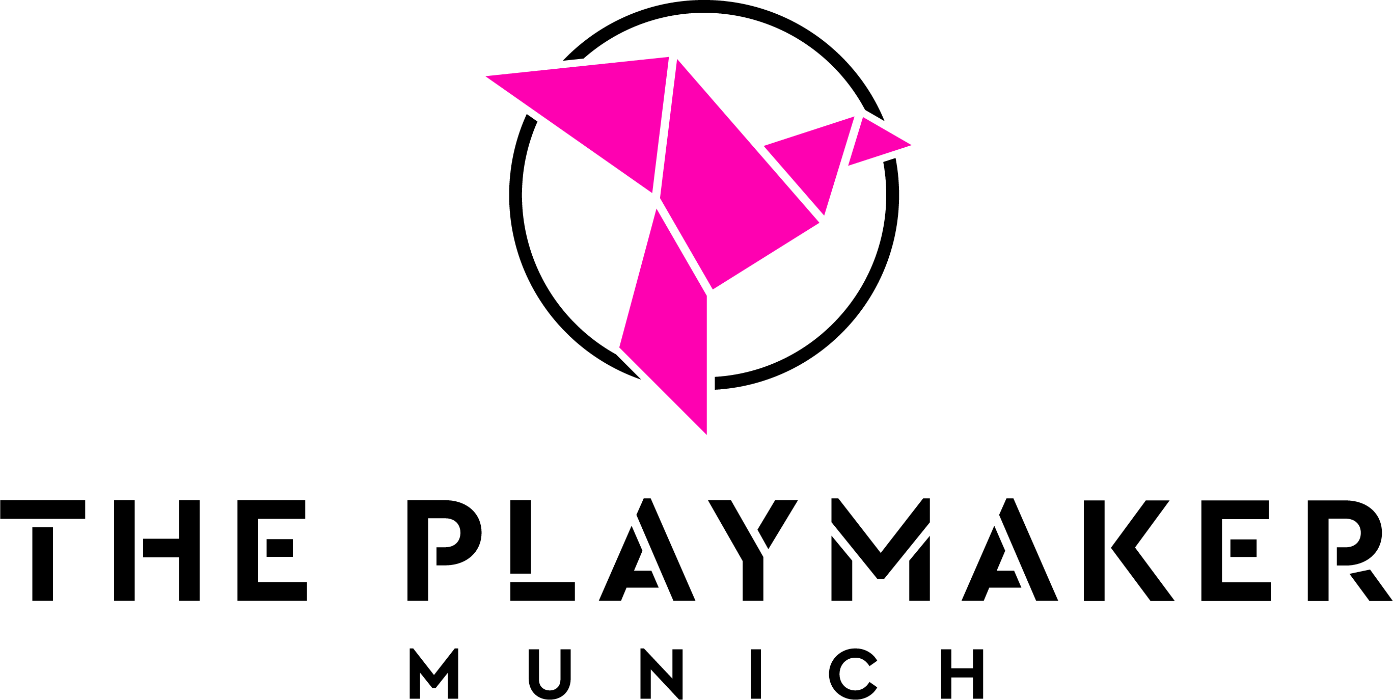 Origami-style pink bird, "THE PLAYMAKER MUNICH" in bold black text.
