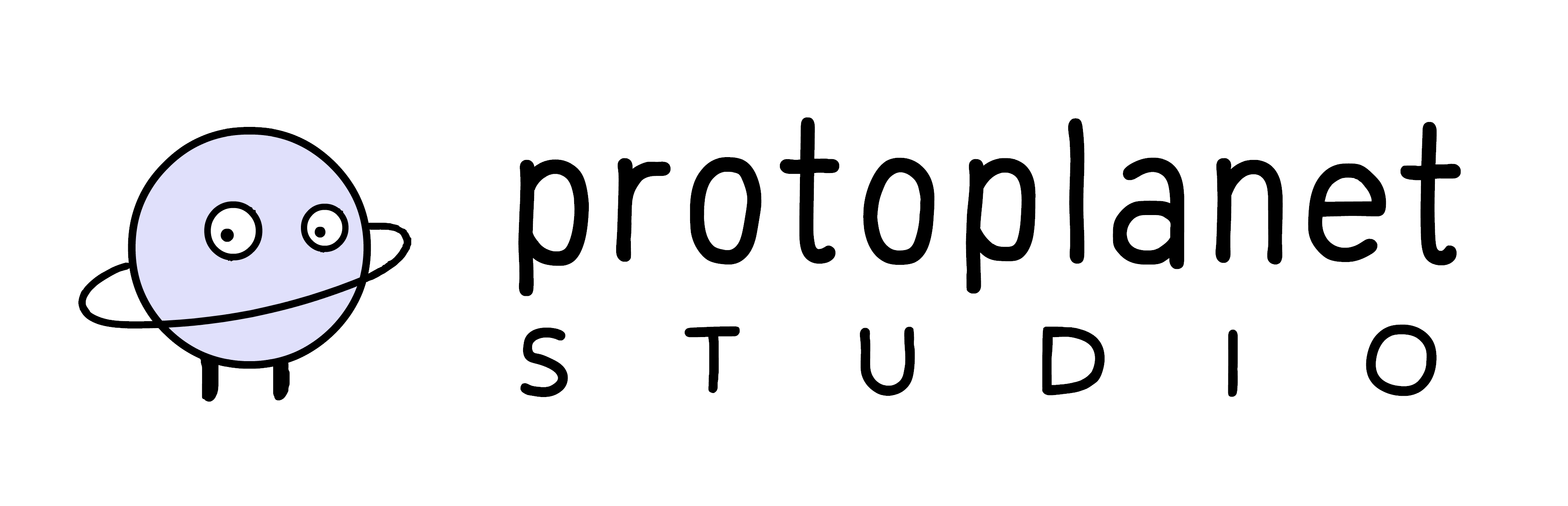cartoon planet with eyes and Saturn-like ring; lettering "protoplanet studio" right of it 
