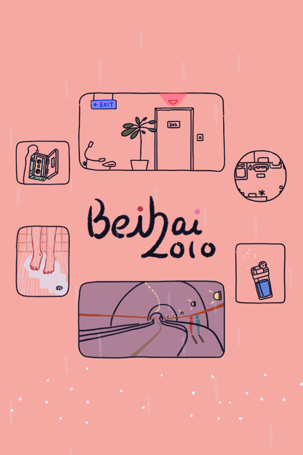 Beihai - Still - A pink poster with the game title with various game elements around it.