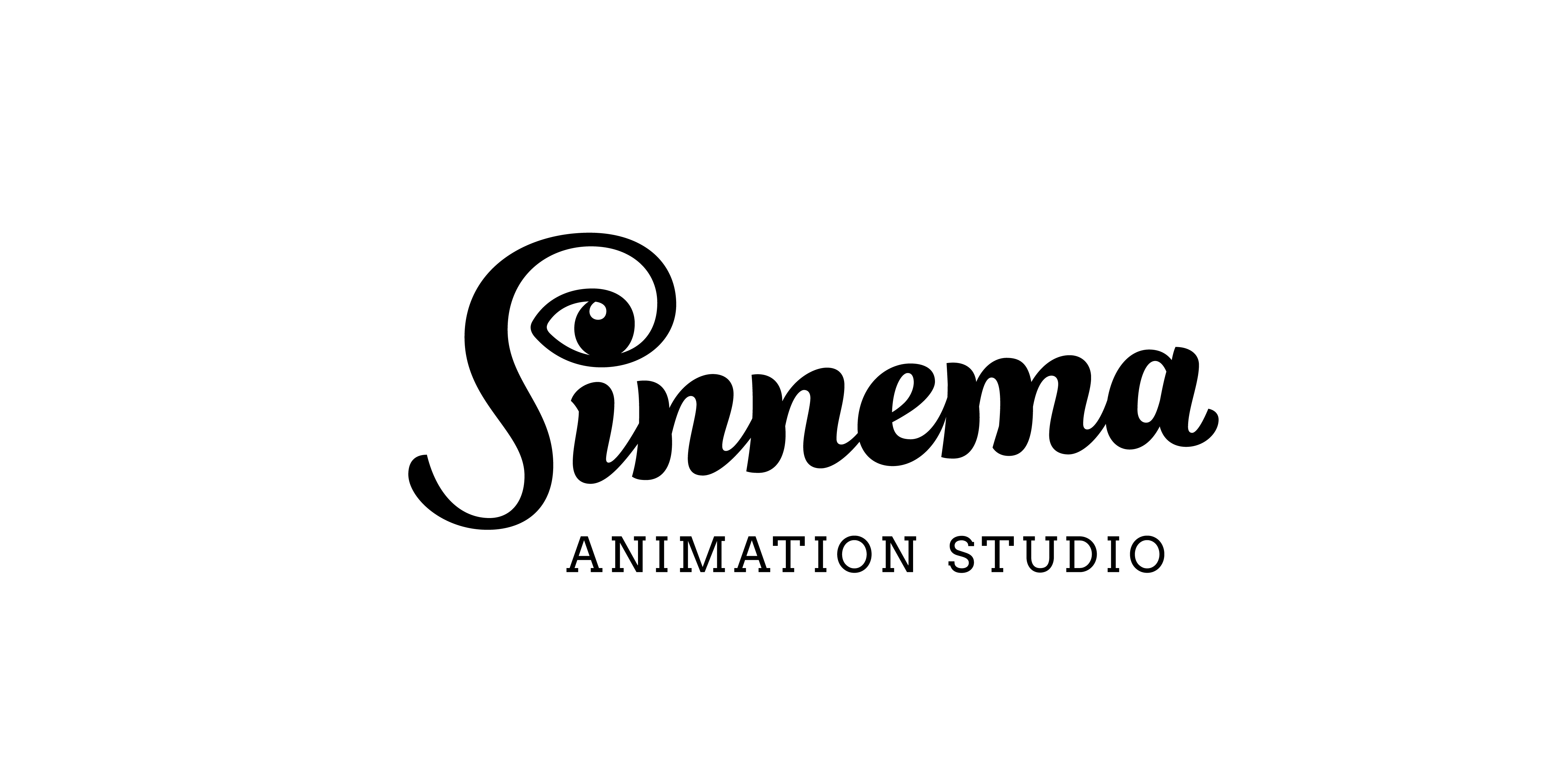 The word Sinnema with the S being portrait as cinematic eye. White background with black letters