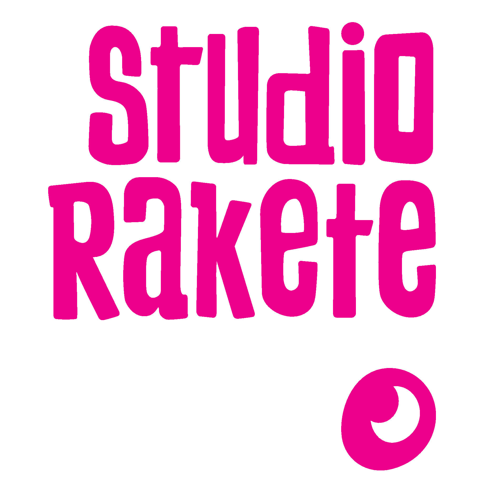 Logo Studio Rakete in pink Letters with a white moon in a pink circle below.