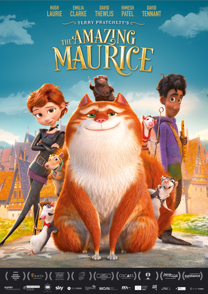 Poster for The Amazing Maurice - A big orange cat in the center, 5 rat-like animals around it and a boy to his right, a girl to his left. They stand in front of an old town village.