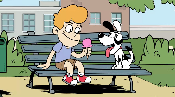 Beste Freunde - Still - An animated boy and dog sitting on a park bench. The boy holds a strawberry ice cone.