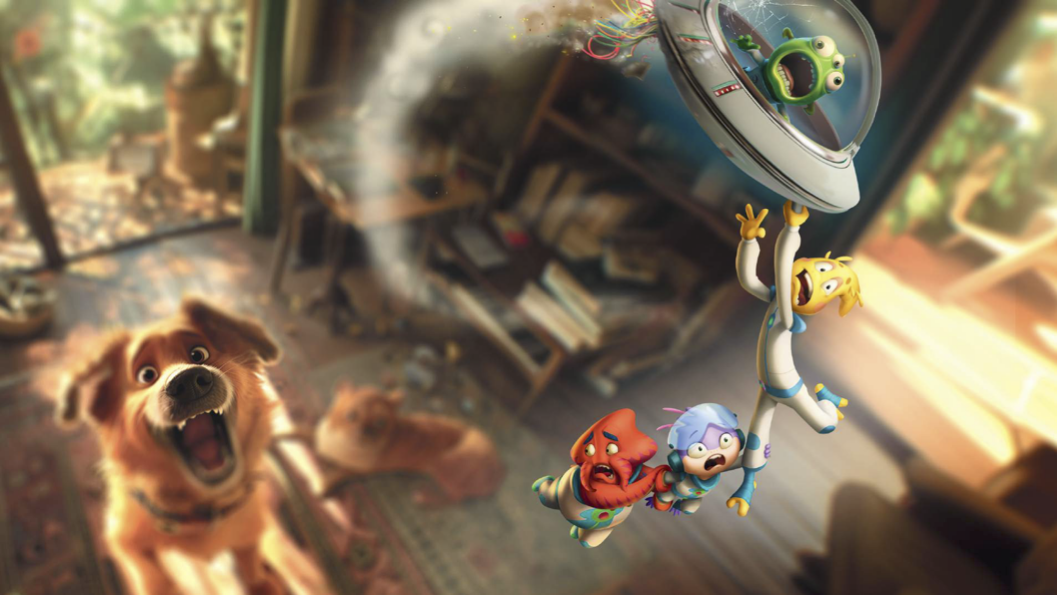 Tiny aliens escaping in their damaged & smoking space ship from the bite of a dog.